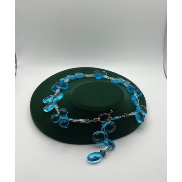 Blue Crystal Faceted Necklace Teardrop Oval Beads Lobster Clasp Handcrafted - Picture 2 of 5